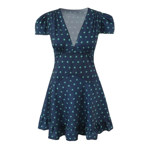 Women Deep V Neck Floral Print Mini Dress Short Sleeve Puff Sleeve Scalloped Edge Smocked High Waist Ruffle Hem Summer Dress