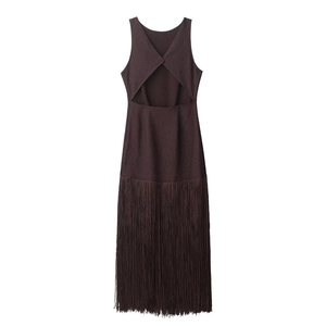 Detail of chocolate brown sleeveless dress with back cutout and fringe hemline