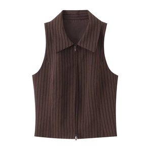 Detail of dark brown pinstripe sleeveless vest featuring a full-length zipper and sharp collar