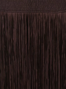 Close-up of deep brown pleated waist and high-quality silk tassel details on the dress