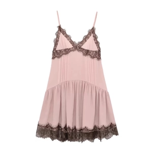 Pink spaghetti strap slip dress with dark brown eyelash lace trim and pleated hem