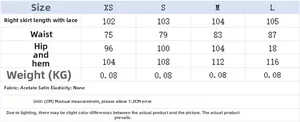 Detailed size chart for acetate satin dress showing XS to L measurements and fabric info