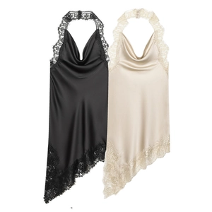 Women Halter Cowl Neck Satin Midi Dress Elegant Eyelash Lace Trim Asymmetrical Irregular Hem Sleeveless Slim Fit Dress