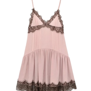 Pink slim fit dress with delicate brown eyelash lace trim and thin straps for women