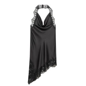 Detail of black satin halter top featuring delicate lace trim and asymmetric hemline