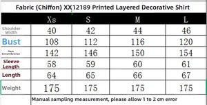 Size chart detail for printed chiffon shirt showing measurements for XS to L sizes