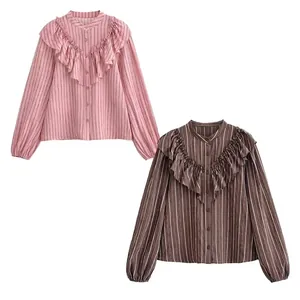 Women Vintage Vertical Striped Long Sleeve Blouse With Ruffles Stand Collar Lantern Sleeve Button Down Polyester Casual Shirt