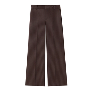 Detail of brown pinstripe wide-leg trousers with elegant waist belt loops and texture