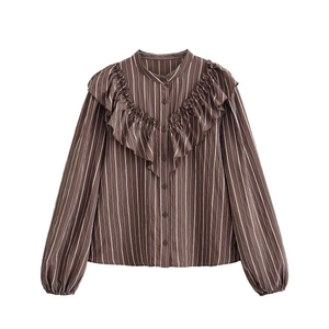 Brown and white vertical striped long sleeve shirt with vintage ruffle chest design