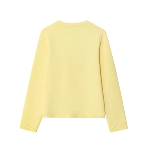 Vista posteriore del cardigan giallo in maglia con polsini a coste e scollo rotondo