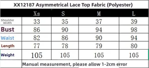 Detailed size chart for asymmetrical lace top showing shoulder, bust, and length measurements