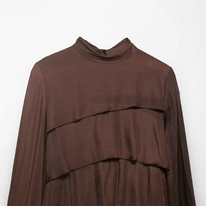 Elegant coffee brown satin long sleeve top with layered ruffle trim and high collar