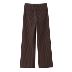 Detail view of brown pinstripe trousers back with welt pockets and belt loops