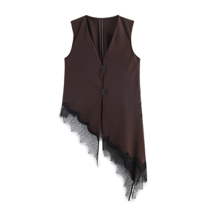 Women Sexy V Neck Asymmetric Hem Vest Top With Black Eyelash Lace Splicing Streetwear Sleeveless Button Down Brown Top