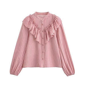 Pink striped long sleeve shirt with decorative ruffle layers and stand collar design
