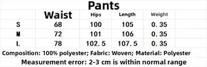 Size chart for high waist sequin trousers showing waist, hip, and length measurements