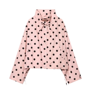 Women Pink Black Polka Dot Jacket Vintage Stand Collar Drawstring Hem Casual Long Sleeve Polyester Button Down Coat