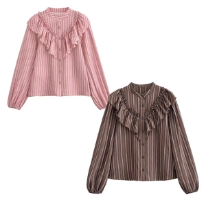 Vertical striped shirts with ruffle trim and elastic cuffs in pink and brown