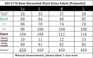 Detailed size chart for the bow short dress with dimensions from XS to L in centimeters