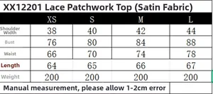 Size chart for lace patchwork satin corset top with chest, waist, and length dimensions