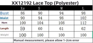 Size chart table for lace lingerie top with measurements for XS, S, M, and L sizes