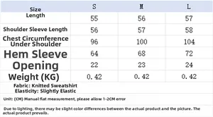 Tableau des tailles détaillé pour sweatshirt en maille unie avec mesures S, M et L