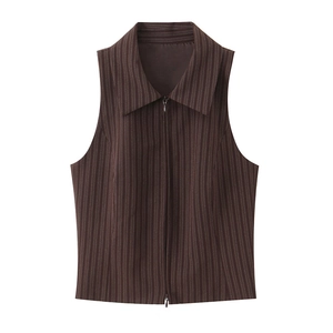 Women's dark brown pinstriped vest with a lapel collar and front zipper closure