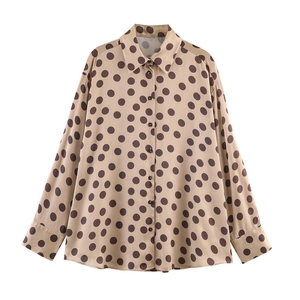 Vintage Women Polka Dot Satin Blouse Long Sleeve Lapel Button Up Loose Shirt Beige Brown Casual Elegant Office Top