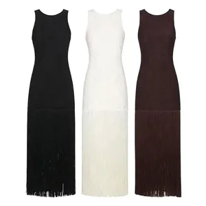 Women Sexy Slim Fit Sleeveless Round Neck Tassel Dress Backless Back Hollow Solid Color Party Banquet Bodycon Dress
