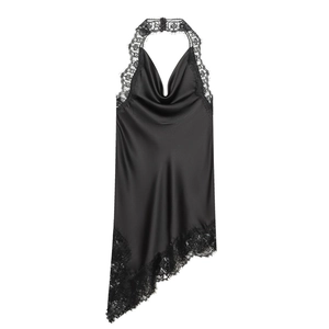 Elegant black satin halter dress with cowl neck and asymmetrical lace hem detail