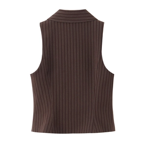 Back view of a classic brown pinstripe suit vest with tailored notched collar and smooth fabric