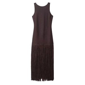 Deep brown sleeveless bodycon dress with long fringe hem for elegant women
