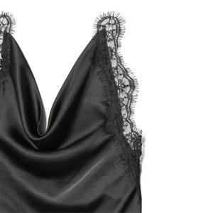 Slim fit black satin dress with deep V-neck and eyelash lace trim details