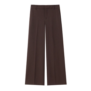 Fashionable dark brown pinstripe wide-leg trousers for women in office business casual style