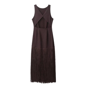 Deep brown sleeveless knit dress with cross back cutout and long fringe hem detail