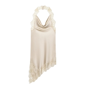 Elegant champagne satin halter top with delicate lace trim and asymmetric hem detail
