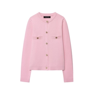 Cardigan in maglia rosa chiaro con scollo rotondo, bottoni dorati e tasche
