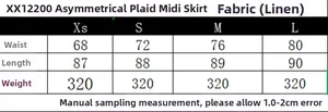 Detailed size guide table for asymmetric plaid linen skirt with waist and length measurements