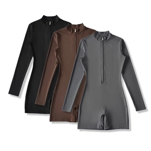 Women Slim Fit Long Sleeve Front Zipper Romper Polyester Spandex Athletic Yoga Jumpsuit Casual One Piece Sportswear Bodysuit