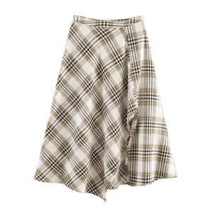 Vintage Plaid Asymmetric Midi Skirt For Women High Waist A-Line Linen Skirt With Fringe Trim Tartan Pattern Spring Fashion