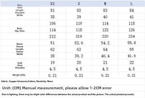 Detailed size chart for long sleeve dress with measurements in XS to L sizes