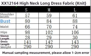 Size chart table for elegant knit turtleneck maxi dress with detailed measurements