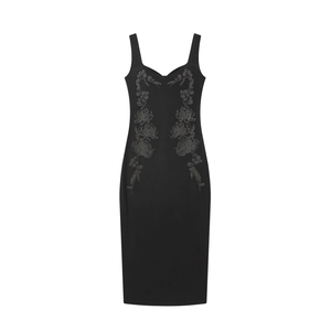 Robe Midi pour Femmes Col en Cœur Strass Floral Sans Manches Élégante Bodycon Robe de Soirée Noire Coupe Ajustée Robe Formelle