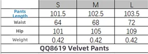 Size guide for velvet pants with measurements for waist, hip, and length in CM