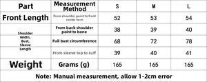 Size chart showing dimensions for polka dot balloon sleeve shirt in S, M, and L sizes