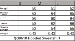 Detailed size chart for hooded sweatshirt including length and bust measurements for S-L