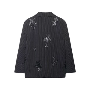 Women's elegant black pinstripe blazer with sequined floral embroidery on the back