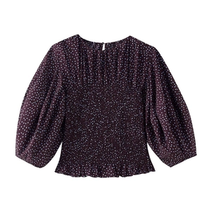 Elegant Women Polka Dot Smocked Blouse Round Neck Balloon Sleeve Deep Purple Vintage French Style Pullover Shirt Tops