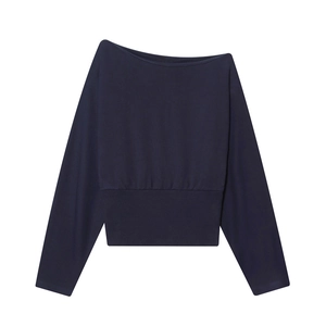 Sweat bleu marine à col bateau et manches longues avec ourlet côtelé à taille haute