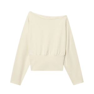 Sweat-shirt crème pour femme avec col bateau et ourlet élastique à la taille chic